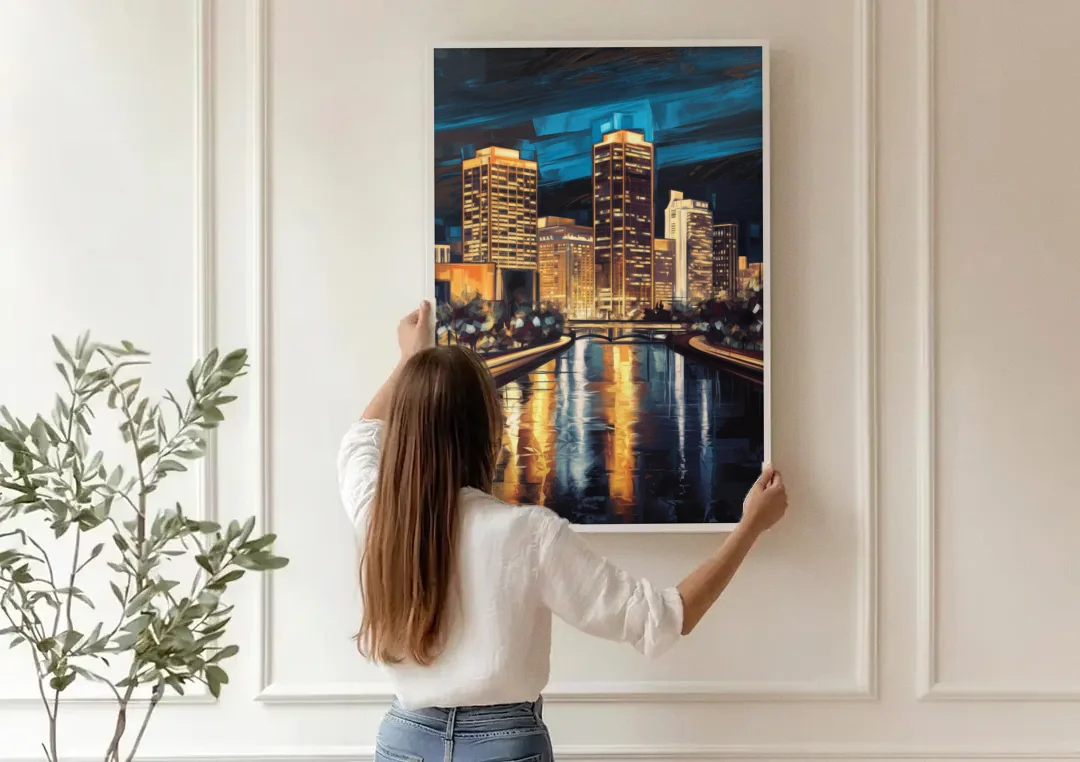 Oklahoma City Night Lights canvas wall art being hung on a paneled wall