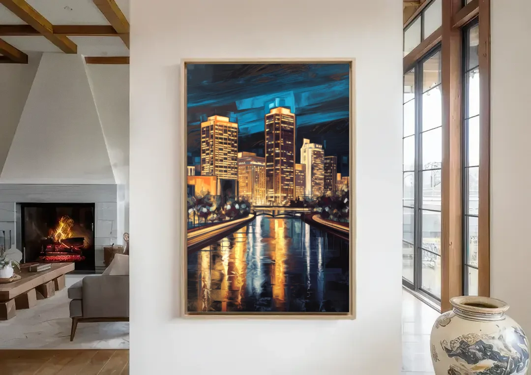 Oklahoma City Night Lights canvas wall art in a living room with a fireplace