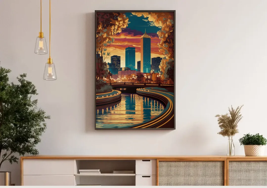 Oklahoma City Scenic Views canvas wall art above a wooden sideboard under pendant lights