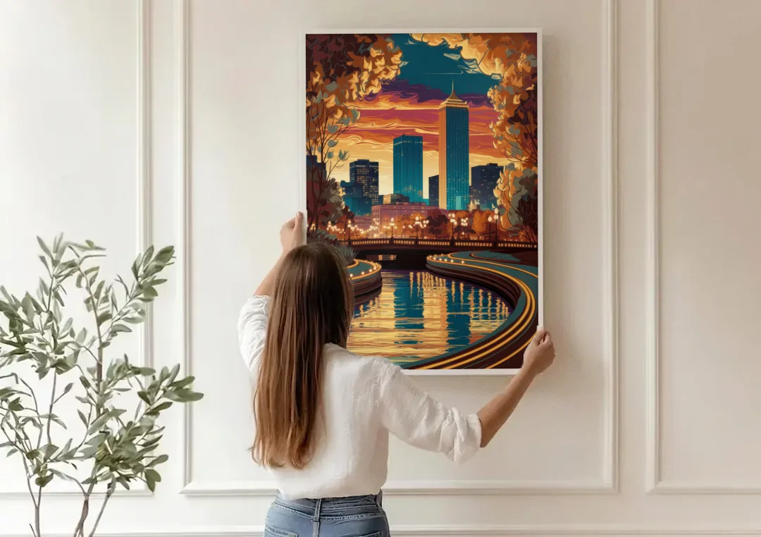Oklahoma City Scenic Views canvas wall art being hung on a paneled wall