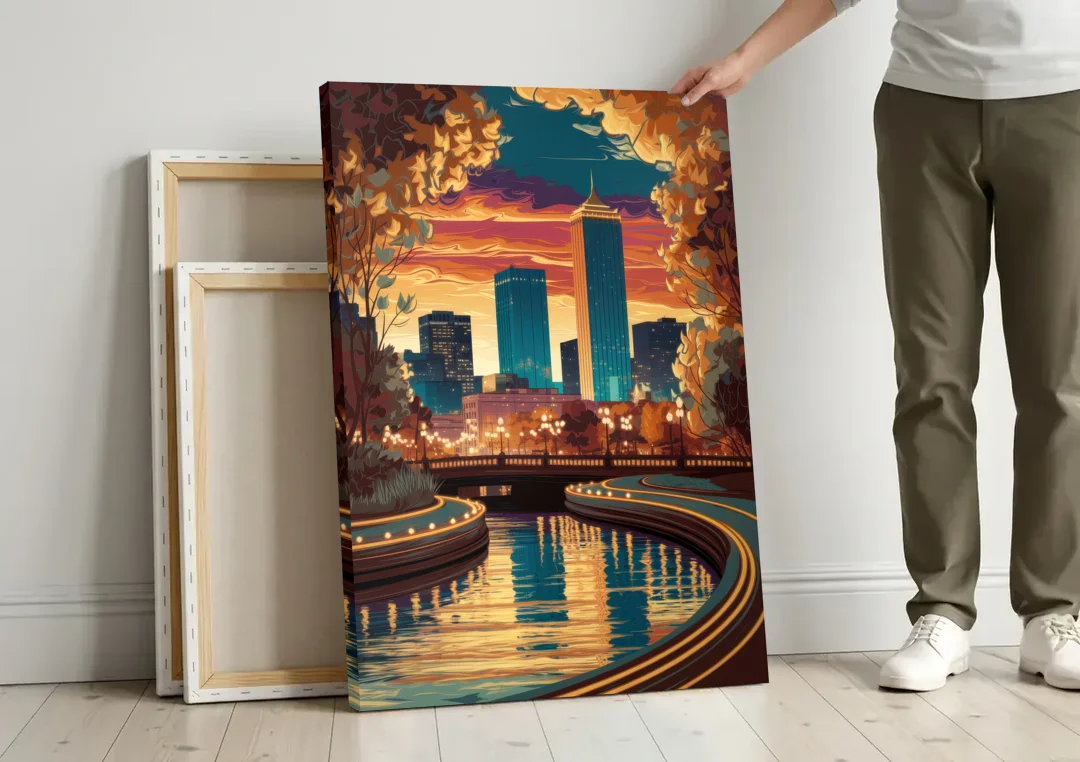 Oklahoma City Scenic Views canvas wall art leaning against a wall next to blank canvases