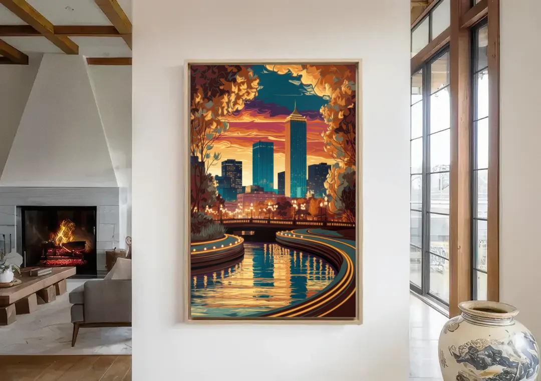 Oklahoma City Scenic Views canvas wall art in a living room with a fireplace