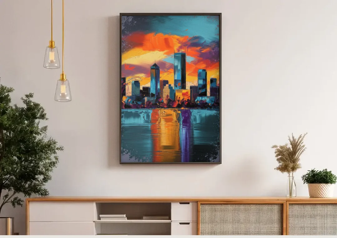 Oklahoma City Skyline Reflection canvas wall art above a wooden sideboard under pendant lights