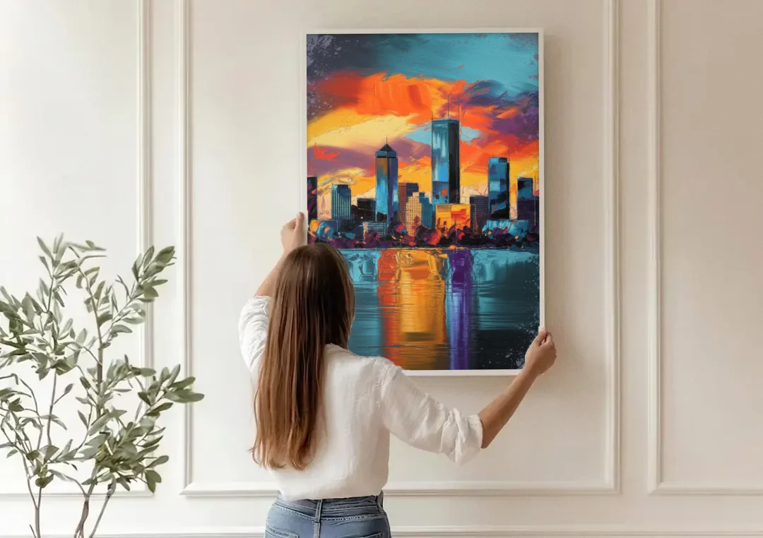 Oklahoma City Skyline Reflection canvas wall art being hung on a paneled wall