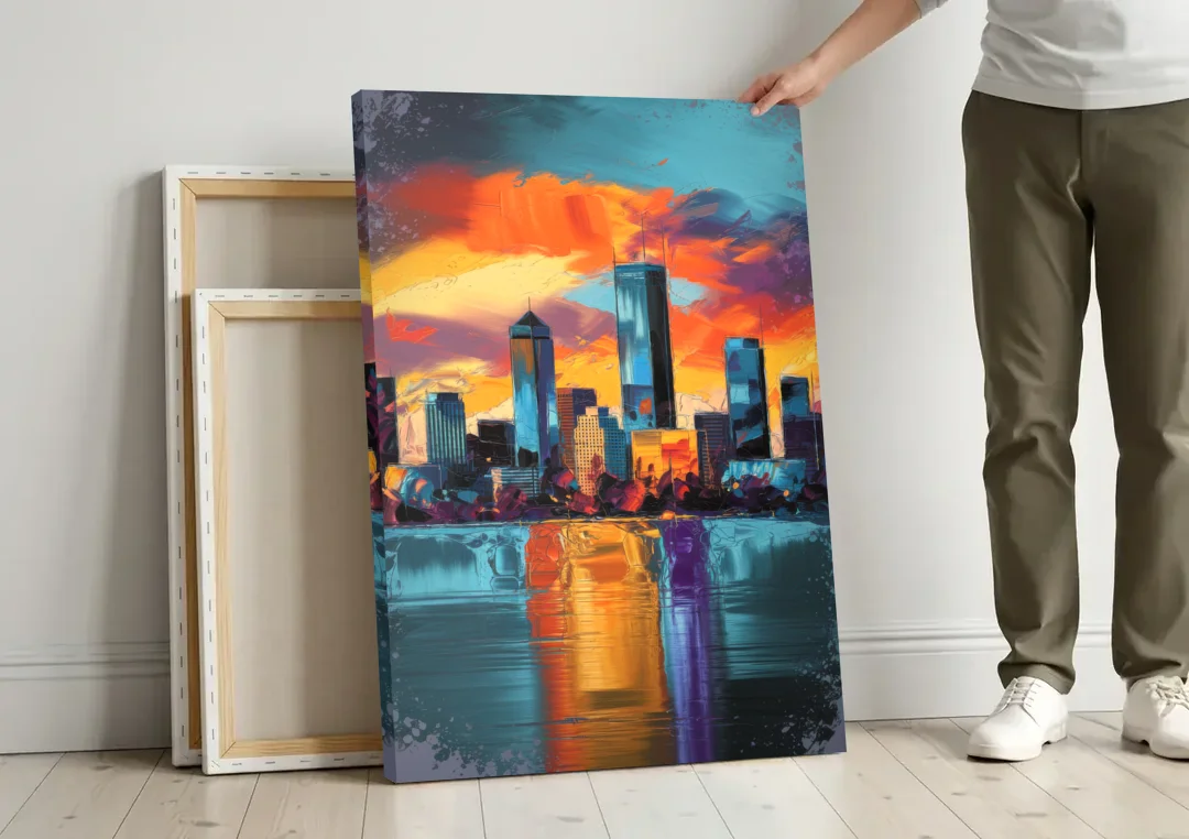 Oklahoma City Skyline Reflection canvas wall art leaning against a wall next to blank canvases