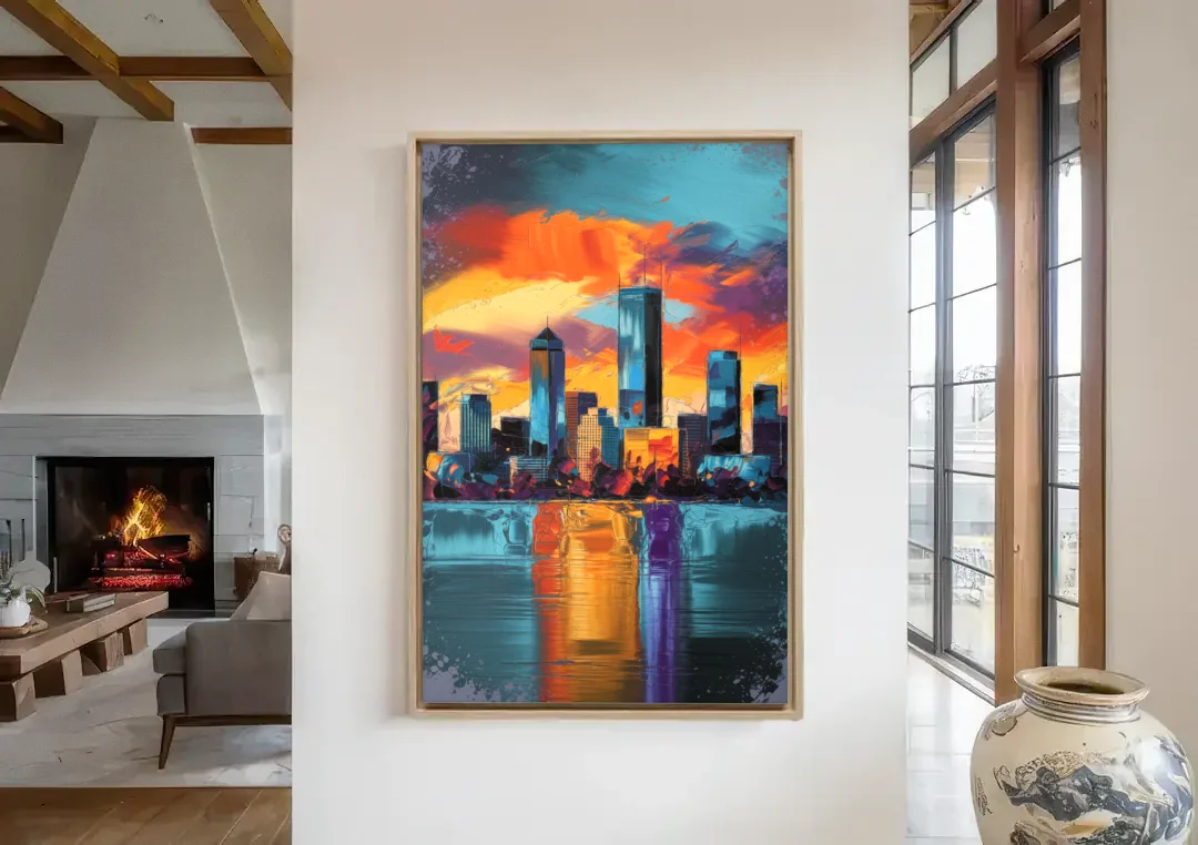 Oklahoma City Skyline Reflection canvas wall art in a living room with a fireplace