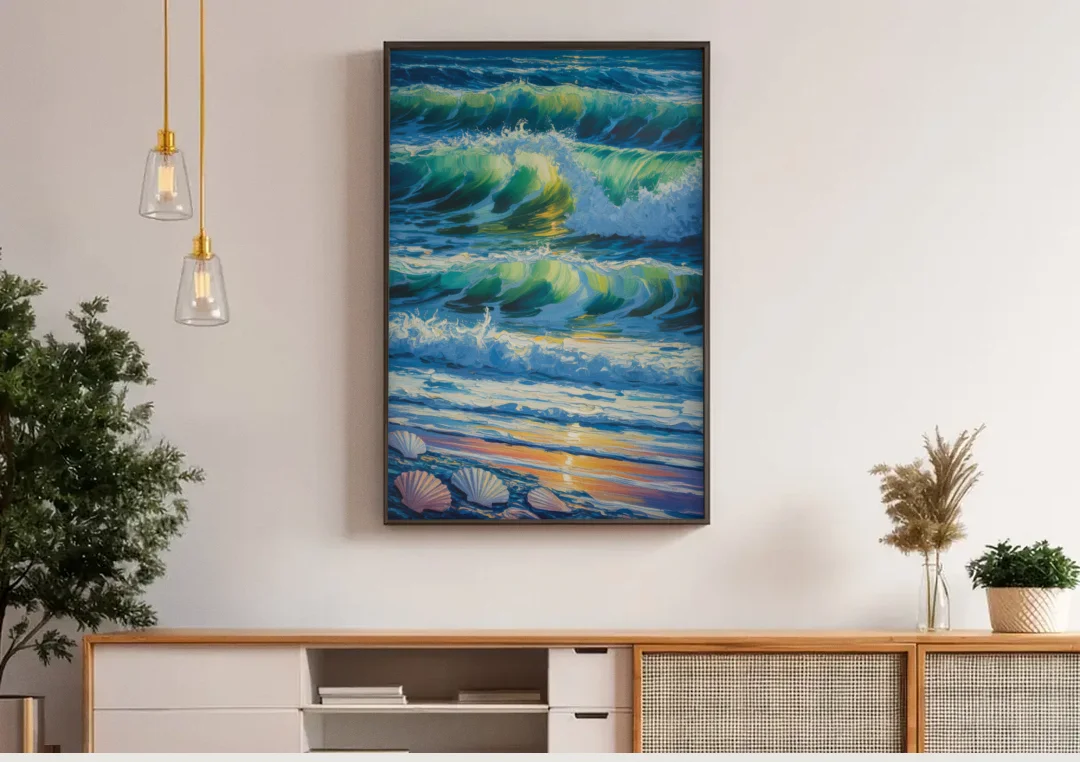Olas Altas Waves canvas wall art above a wooden sideboard under pendant lights