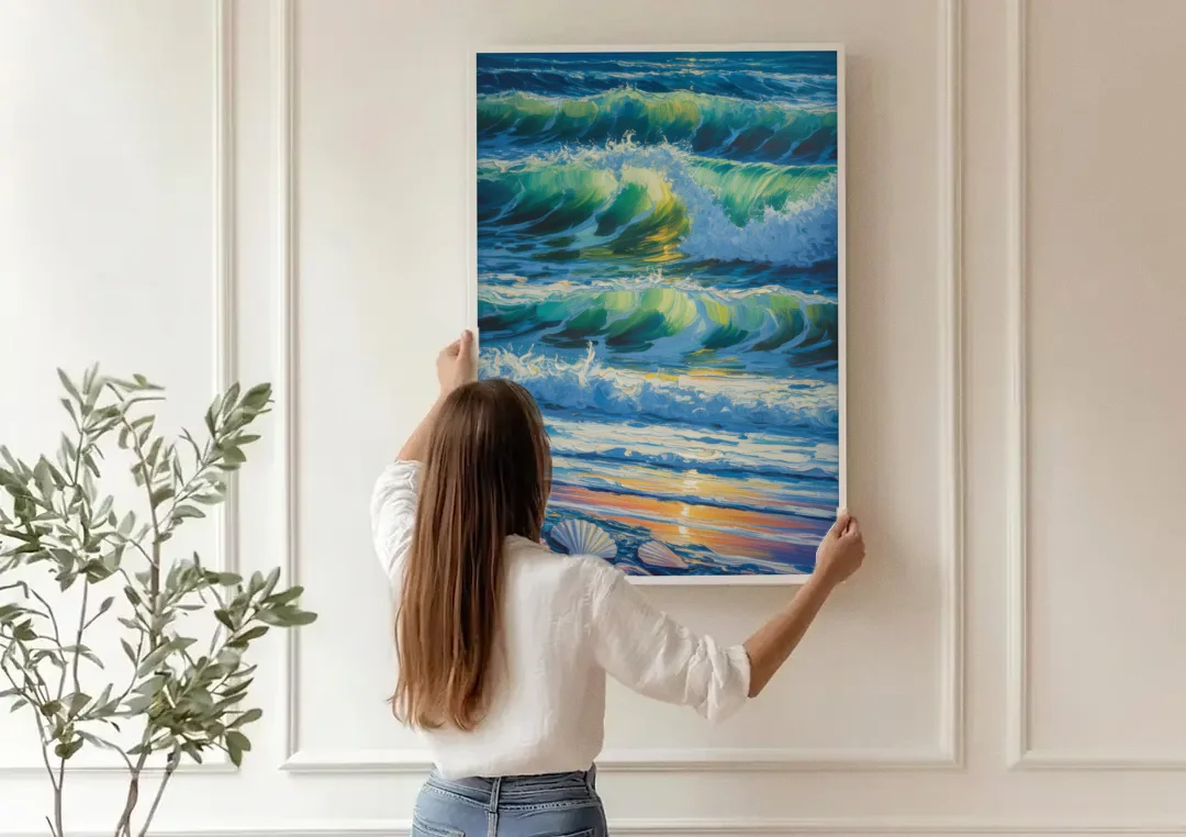 Olas Altas Waves canvas wall art being hung on a paneled wall