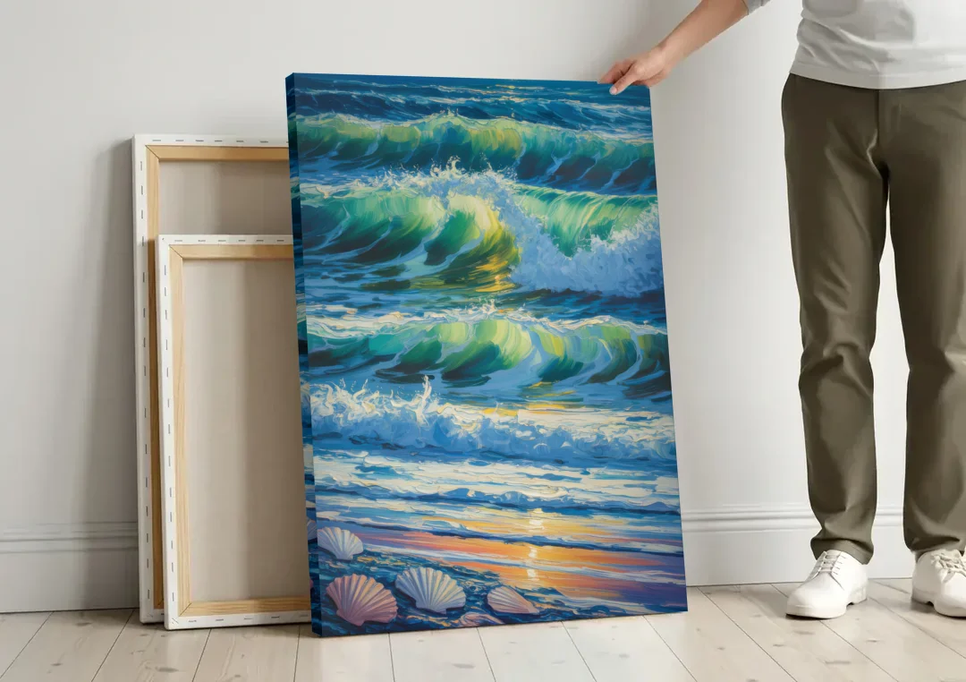 Olas Altas Waves canvas wall art leaning against a wall next to blank canvases