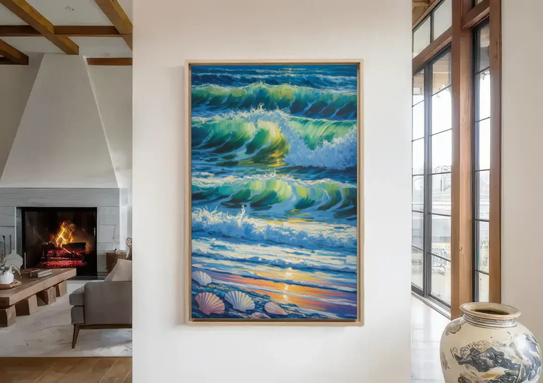 Olas Altas Waves canvas wall art in a living room with a fireplace