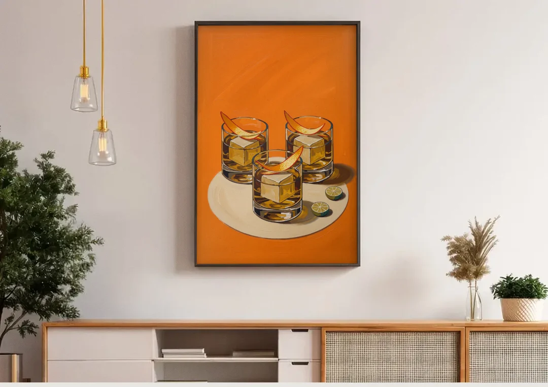 Old Fashioned Wall Art with Orange Peel Twists canvas wall art above a wooden sideboard under pendant lights