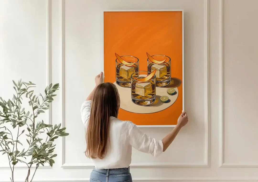 Old Fashioned Wall Art with Orange Peel Twists canvas wall art being hung on a paneled wall