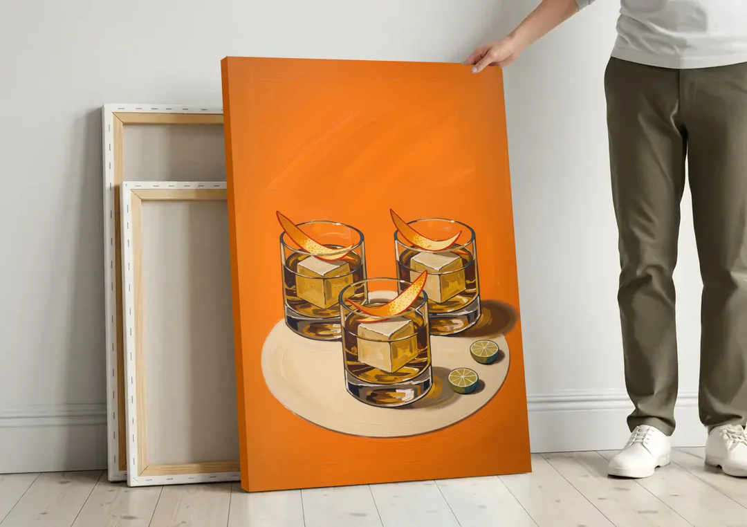 Old Fashioned Wall Art with Orange Peel Twists canvas wall art leaning against a wall next to blank canvases