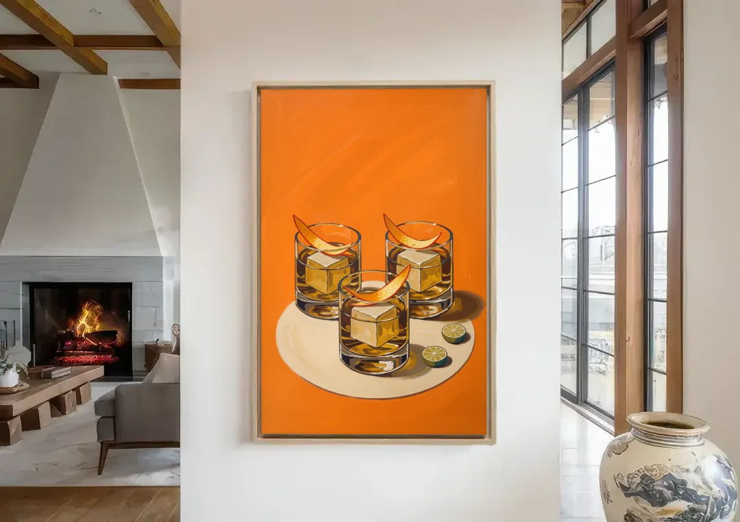 Old Fashioned Wall Art with Orange Peel Twists canvas wall art in a living room with a fireplace
