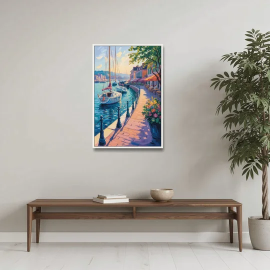 Old Port Waterfront - White Framed Canvas Wall Art - Coffee Table - 24x36