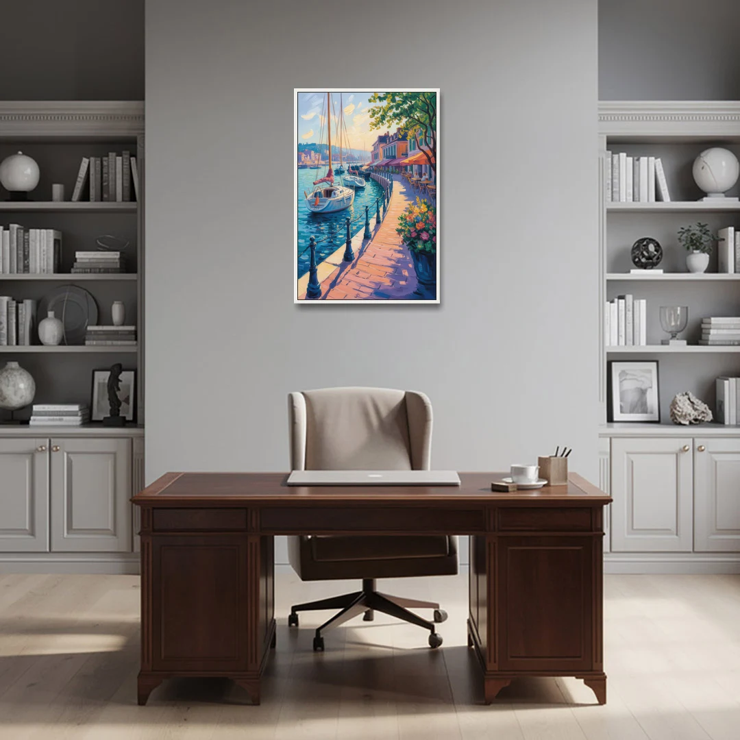 Old Port Waterfront - White Framed Canvas Wall Art - Office - 24x36