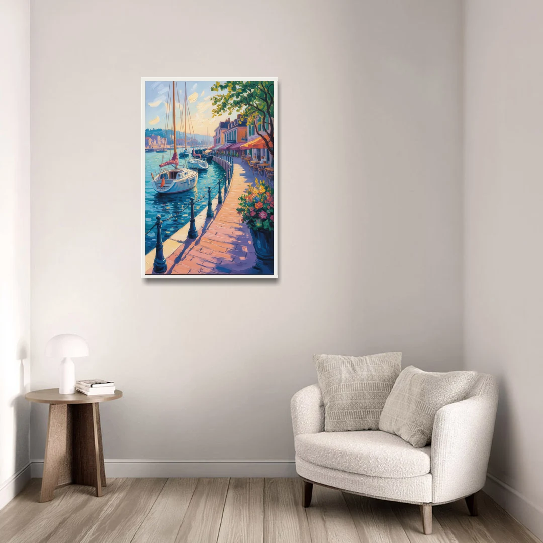 Old Port Waterfront - White Framed Canvas Wall Art - Sofa - 24x36