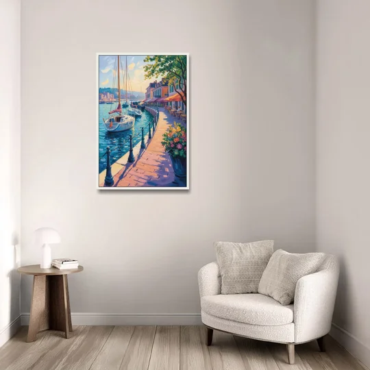 Old Port Waterfront - White Framed Canvas Wall Art - Sofa - 24x36