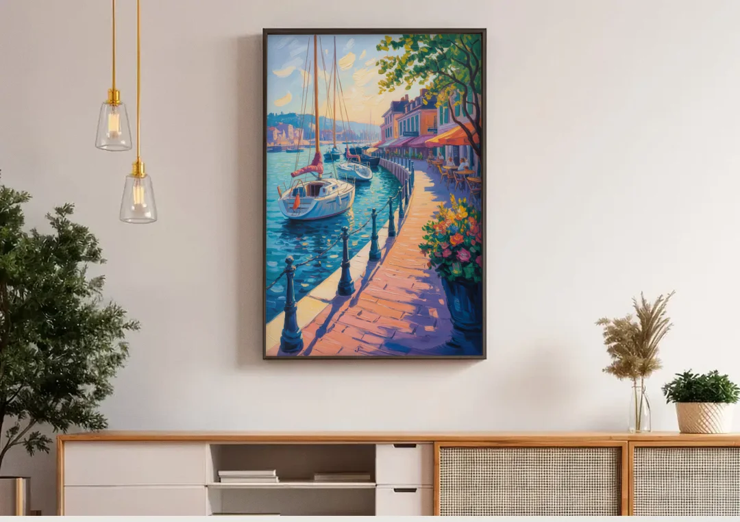Old Port Waterfront canvas wall art above a wooden sideboard under pendant lights