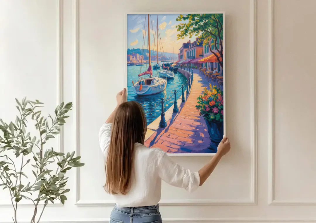 Old Port Waterfront canvas wall art being hung on a paneled wall