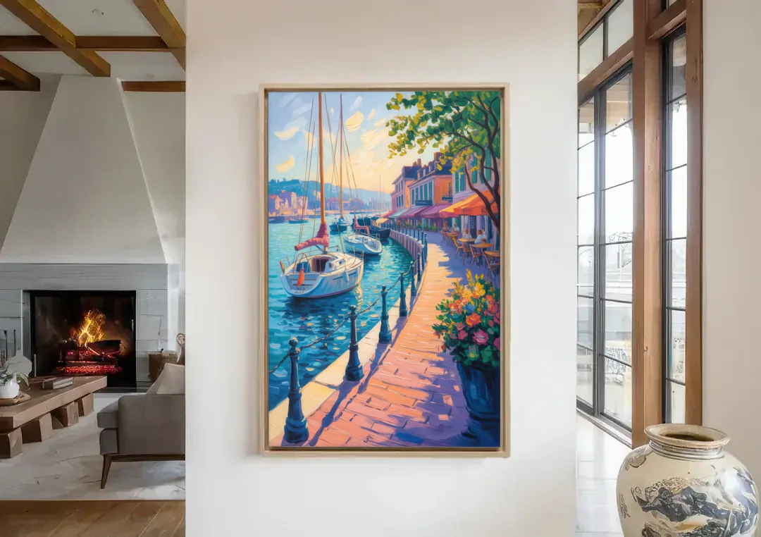 Old Port Waterfront canvas wall art in a living room with a fireplace
