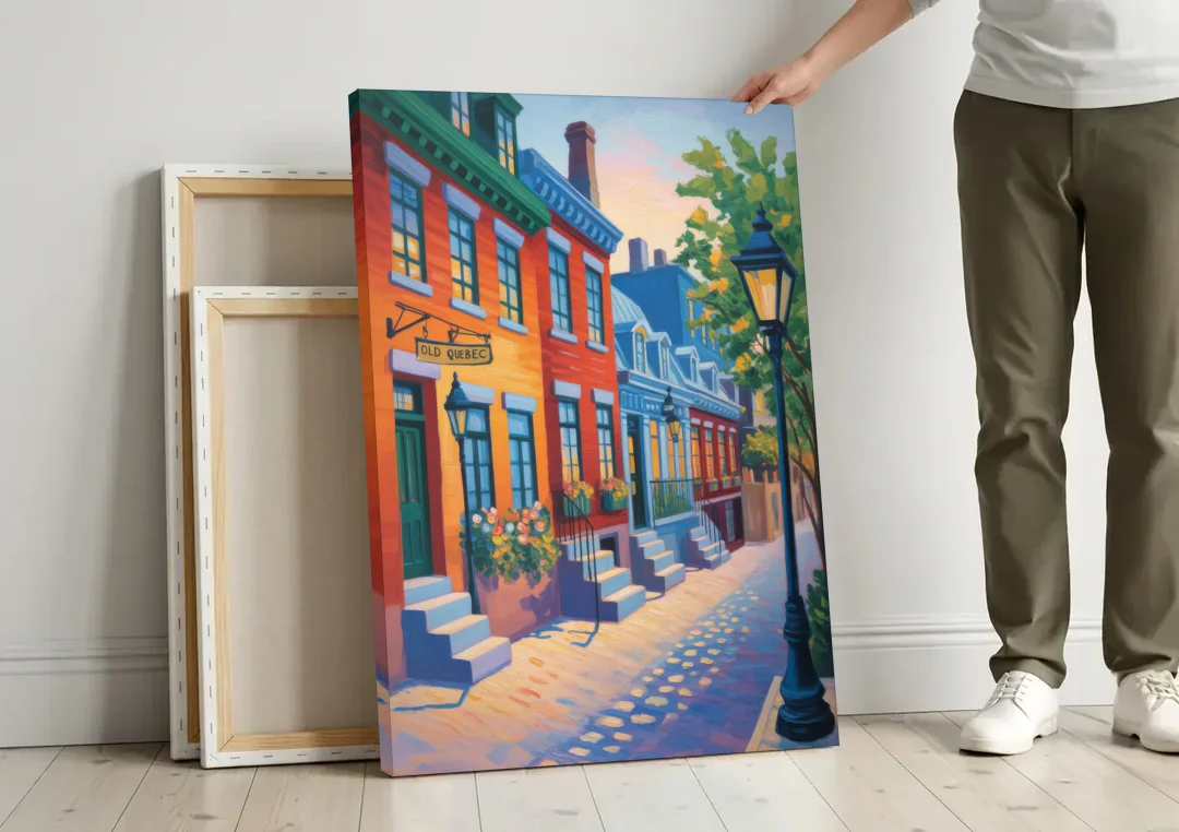 Old Quebec Streets canvas wall art leaning against a wall next to blank canvases