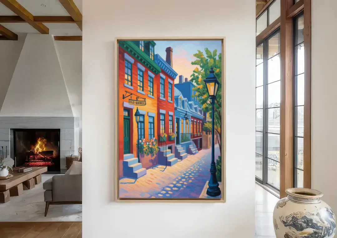 Old Quebec Streets canvas wall art in a living room with a fireplace