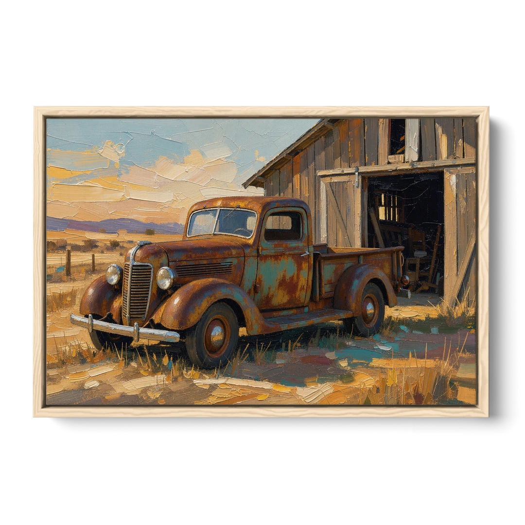 Old Truck Painting by the Weathered Barn - Oak Framed Canvas Wall Art - Front