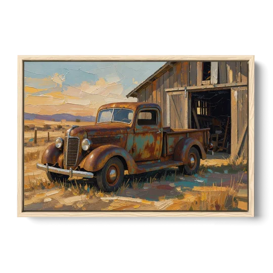 Old Truck Painting by the Weathered Barn - Oak Framed Canvas Wall Art - Front