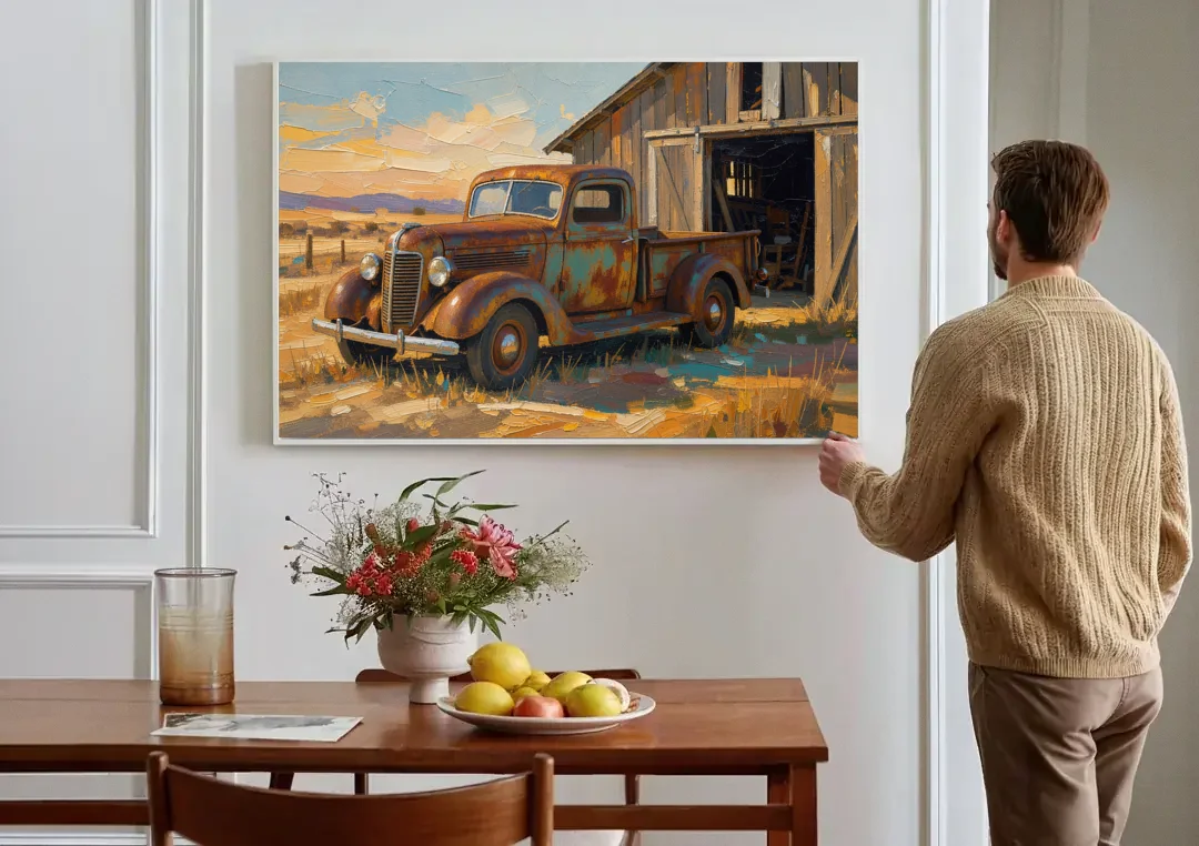 Old Truck Painting by the Weathered Barn canvas wall art above a dining table