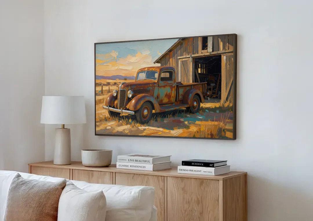 Old Truck Painting by the Weathered Barn canvas wall art above a wooden sideboard next to a sofa