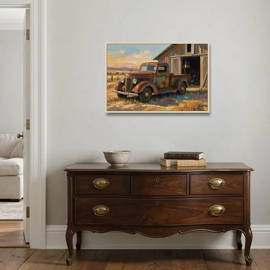 Old Truck Painting by the Weathered Barn - Oak Framed Canvas Wall Art - Coffee Table - 36x24