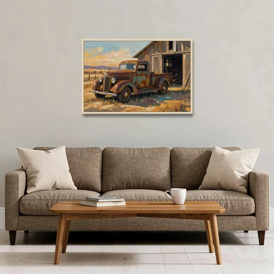 Old Truck Painting by the Weathered Barn - Oak Framed Canvas Wall Art - Sofa - 36x24