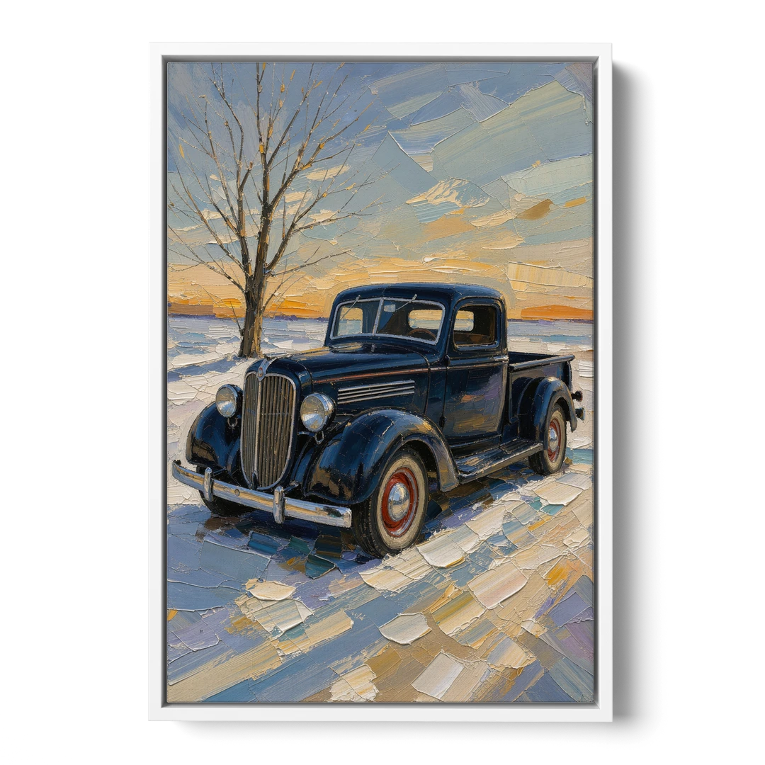 Old Truck Wall Art by the Bare Winter Tree - White Framed Canvas Wall Art - Front