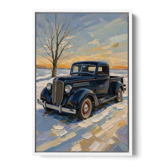 Old Truck Wall Art by the Bare Winter Tree - White Framed Canvas Wall Art - Front