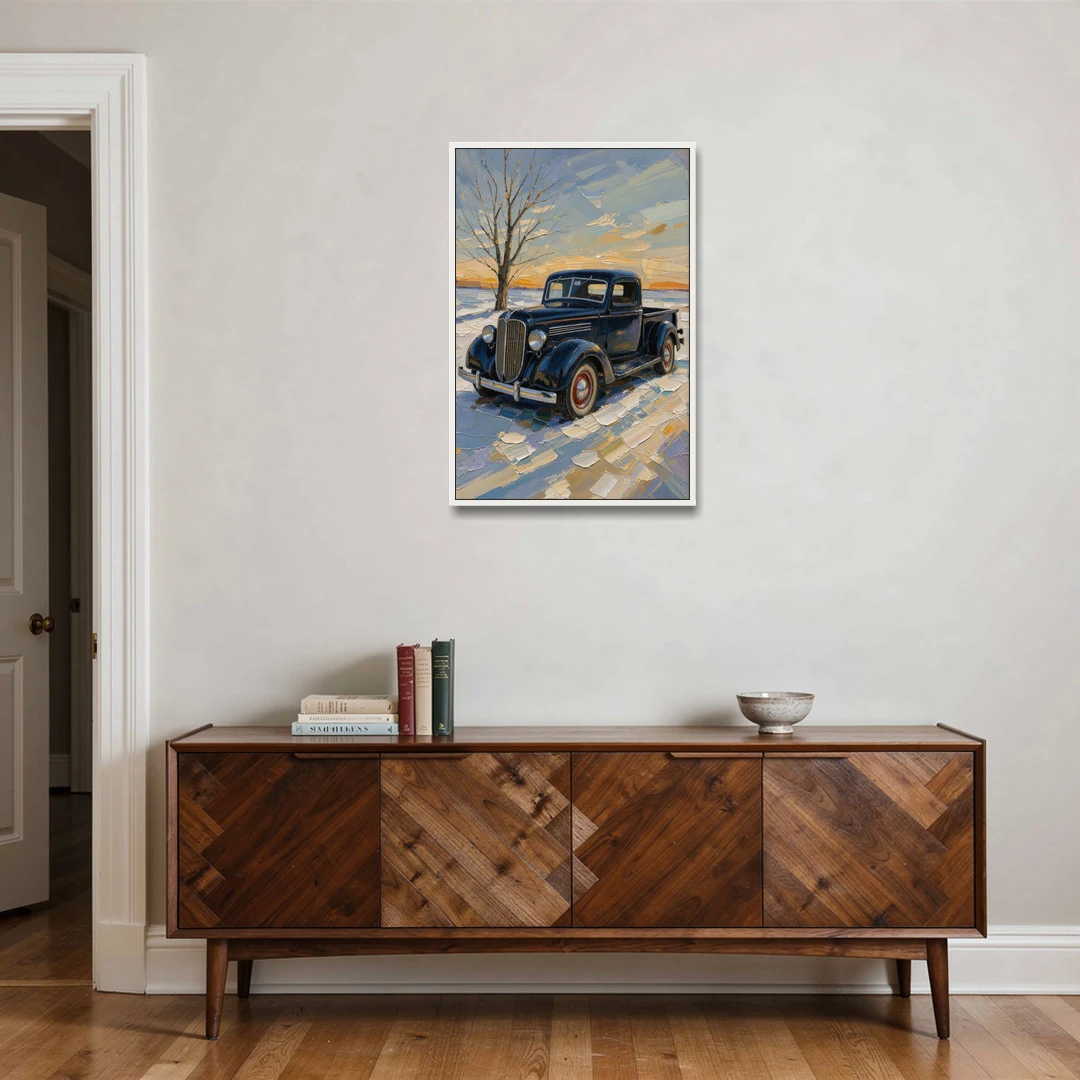 Old Truck Wall Art by the Bare Winter Tree - White Framed Canvas Wall Art - Coffee Table - 24x36