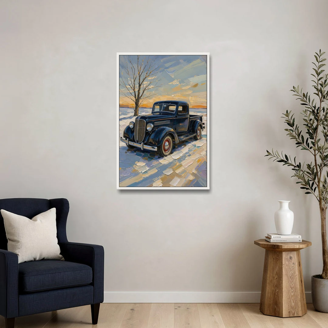 Old Truck Wall Art by the Bare Winter Tree - White Framed Canvas Wall Art - Sofa - 24x36