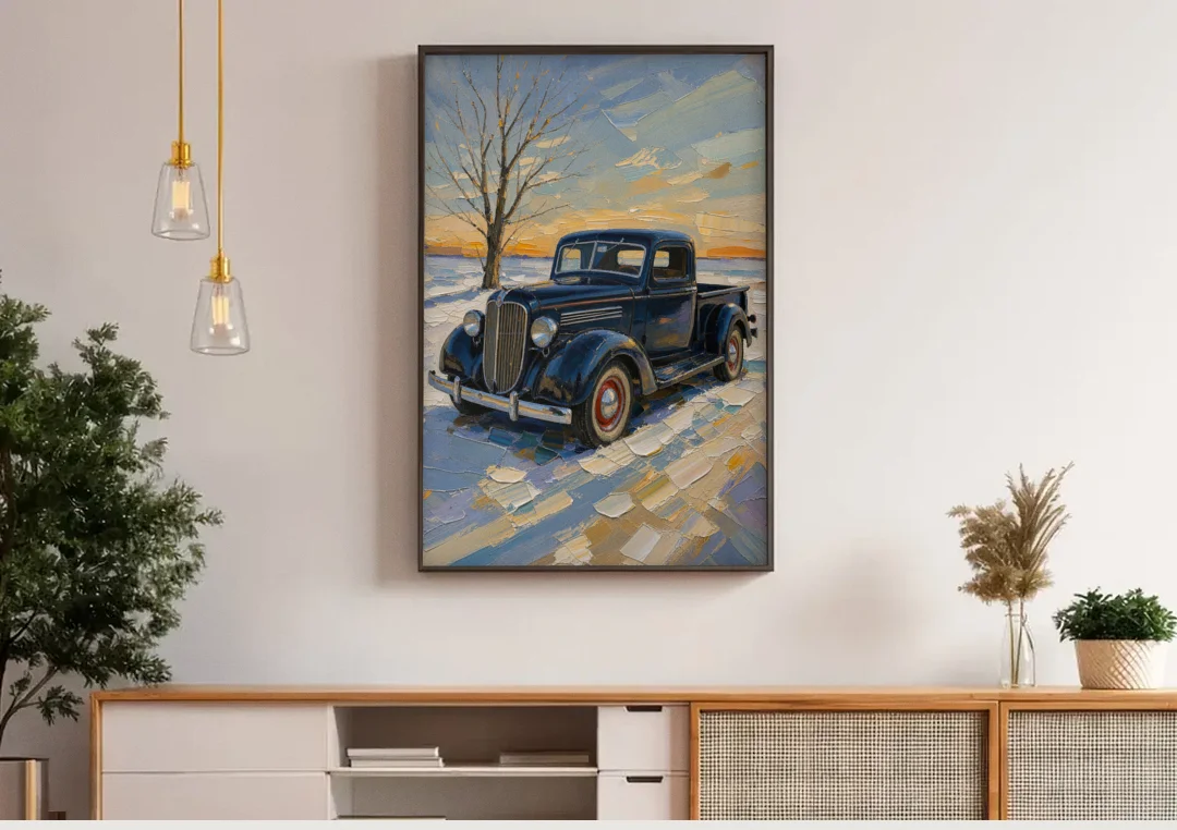 Old Truck Wall Art by the Bare Winter Tree canvas wall art above a wooden sideboard under pendant lights