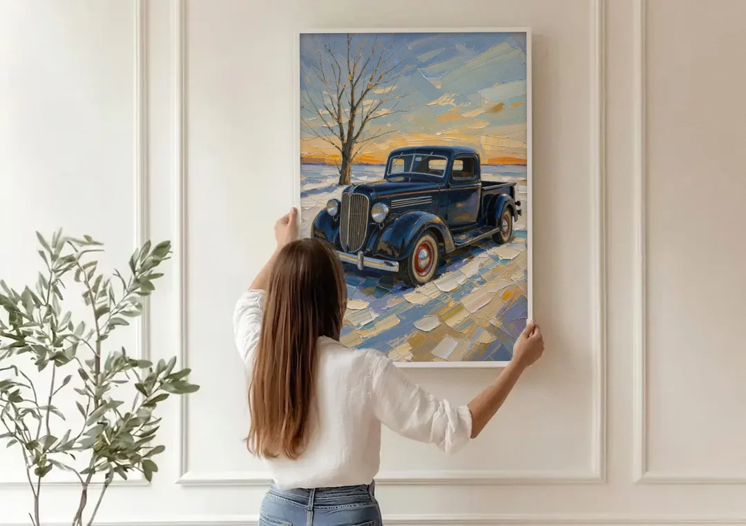 Old Truck Wall Art by the Bare Winter Tree canvas wall art being hung on a paneled wall