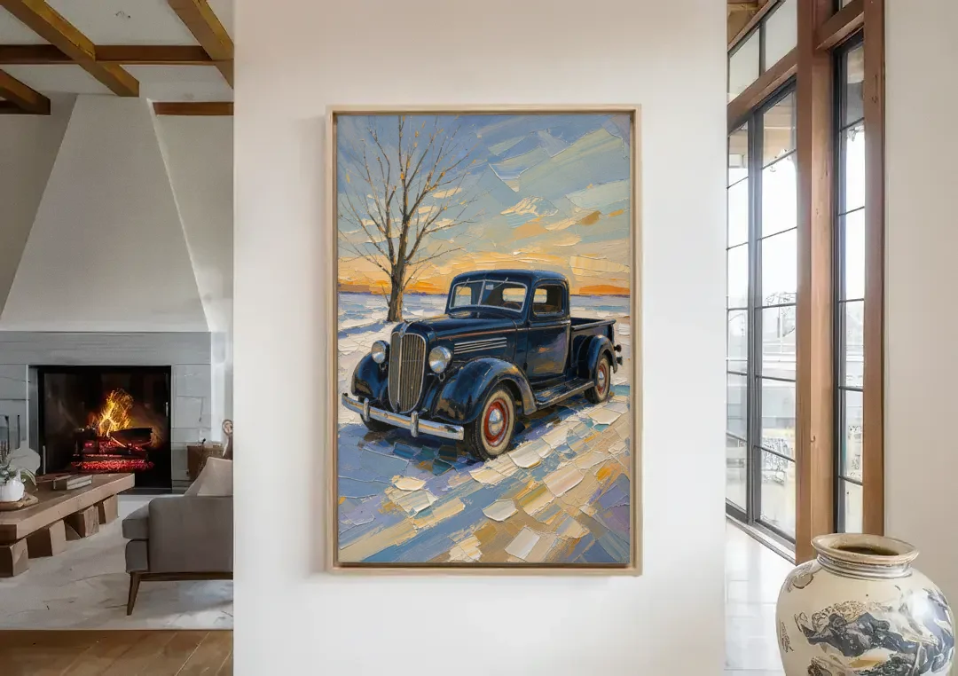 Old Truck Wall Art by the Bare Winter Tree canvas wall art in a living room with a fireplace