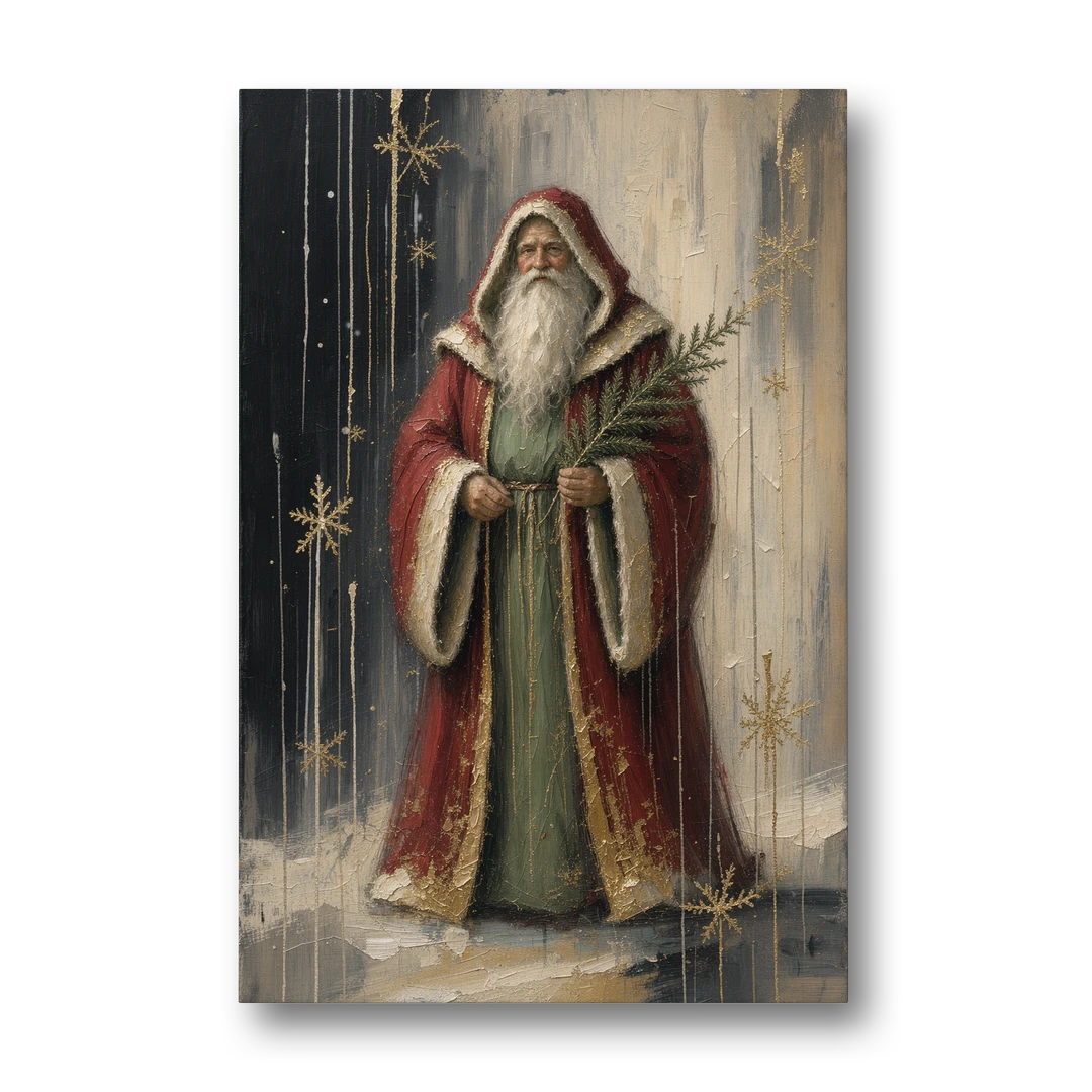 Vintage Christmas Old World Santa with Evergreen Sprig - Canvas Wall Art - Front