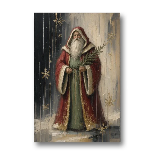 Vintage Christmas Old World Santa with Evergreen Sprig - Canvas Wall Art - Front