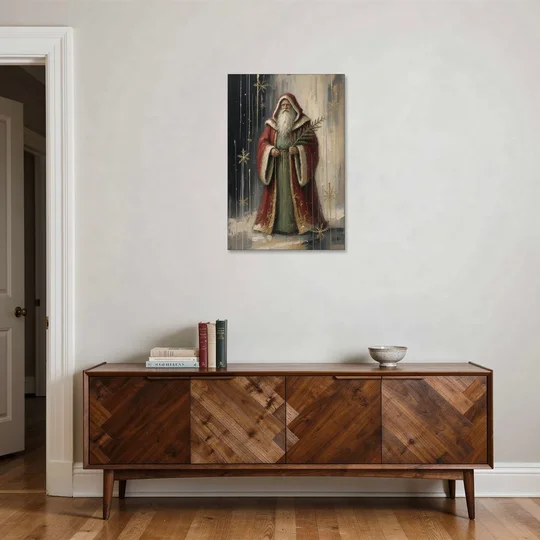 Vintage Christmas Old World Santa with Evergreen Sprig - Canvas Wall Art - Coffee Table - 24x36