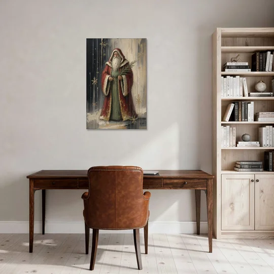 Vintage Christmas Old World Santa with Evergreen Sprig - Canvas Wall Art - Office - 24x36