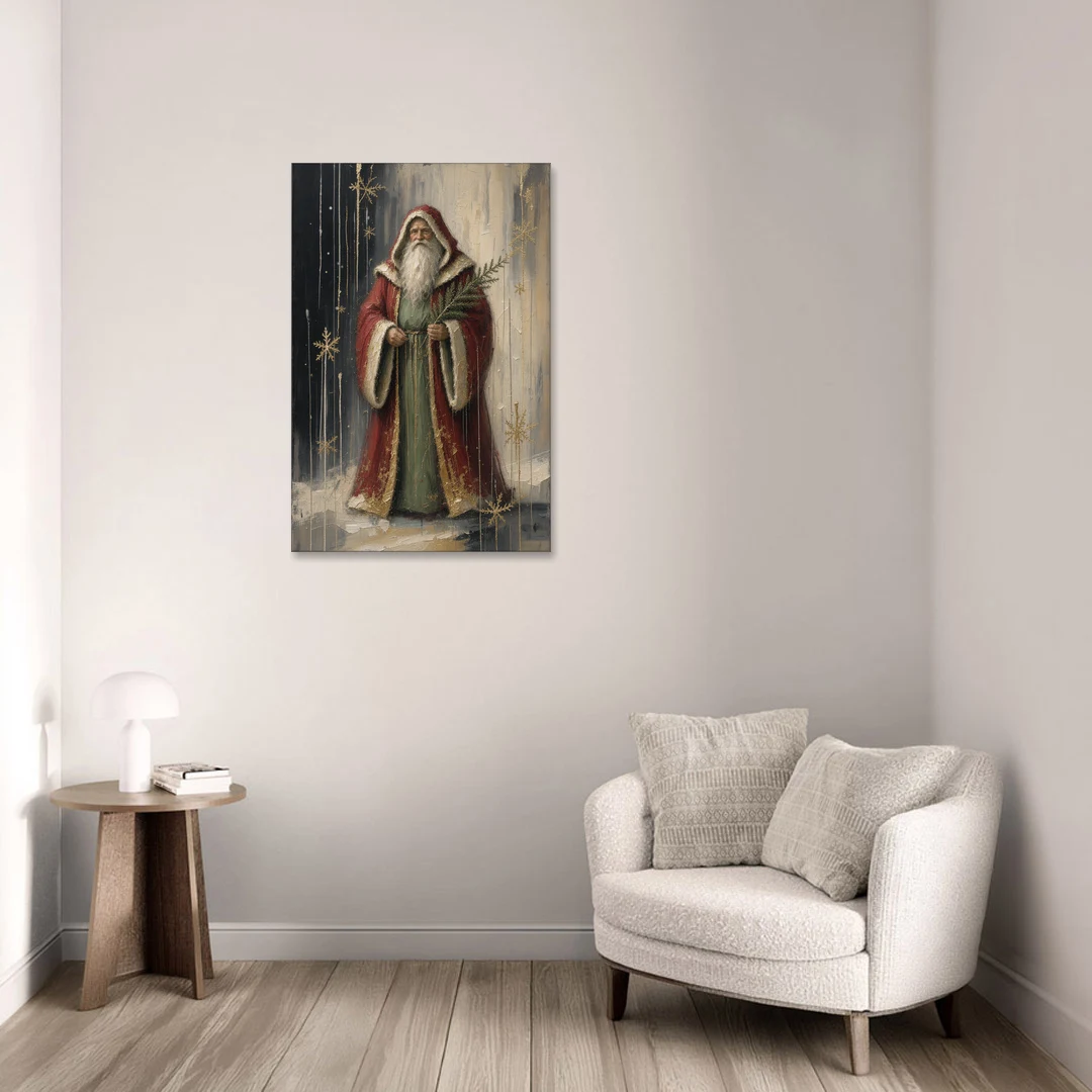 Vintage Christmas Old World Santa with Evergreen Sprig - Canvas Wall Art - Sofa - 24x36