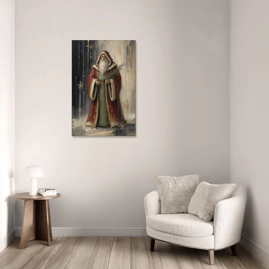 Vintage Christmas Old World Santa with Evergreen Sprig - Canvas Wall Art - Sofa - 24x36