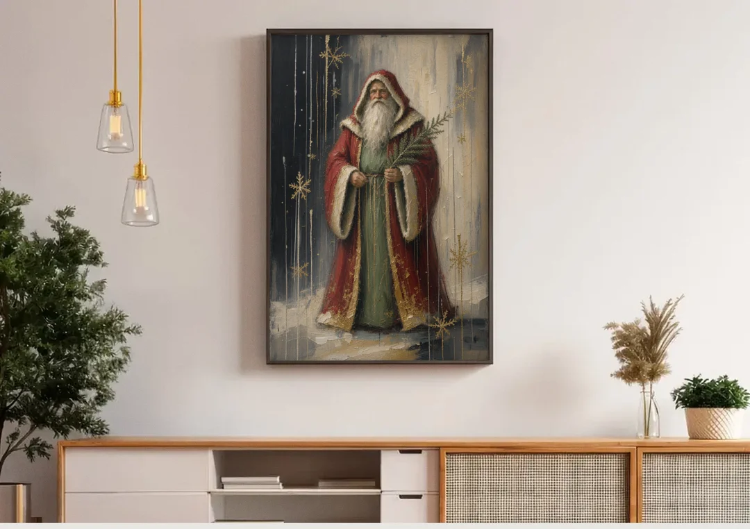 Vintage Christmas Old World Santa with Evergreen Sprig canvas wall art above a wooden sideboard under pendant lights