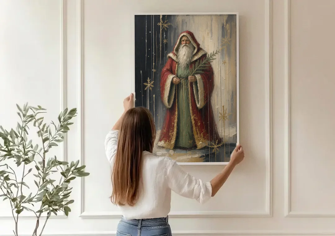 Vintage Christmas Old World Santa with Evergreen Sprig canvas wall art being hung on a paneled wall