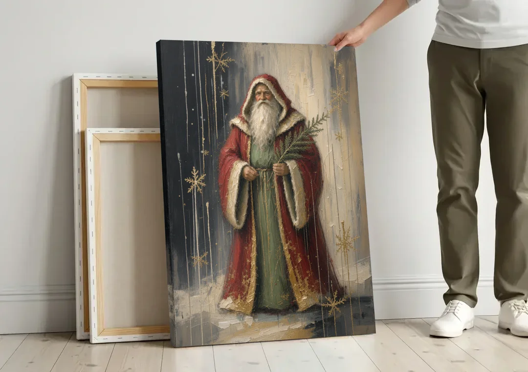 Vintage Christmas Old World Santa with Evergreen Sprig canvas wall art leaning against a wall next to blank canvases
