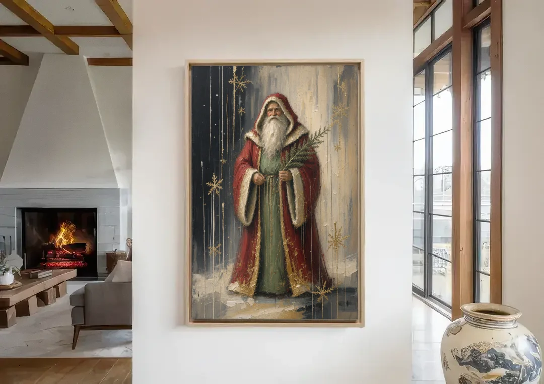 Vintage Christmas Old World Santa with Evergreen Sprig canvas wall art in a living room with a fireplace